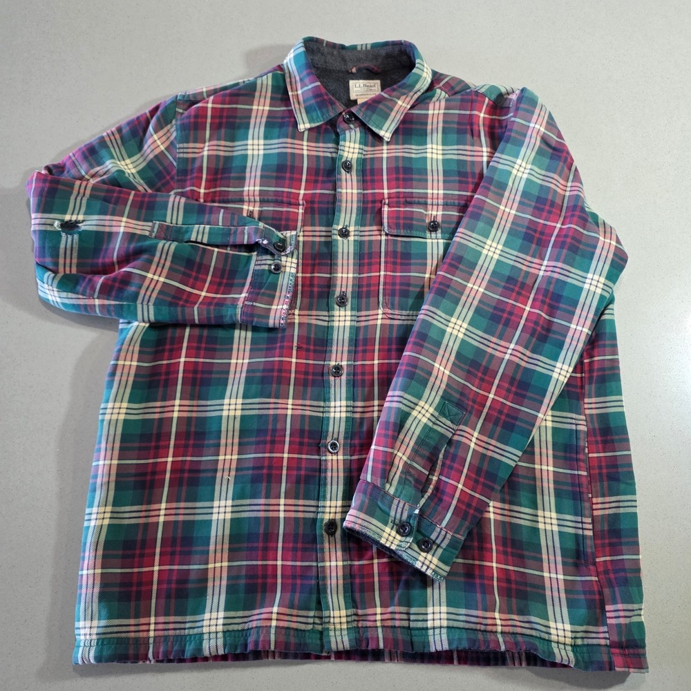 LL Bean Mens Plaid Fleece Lined Flannel Shirt Jacket Green Red L-REG 298189